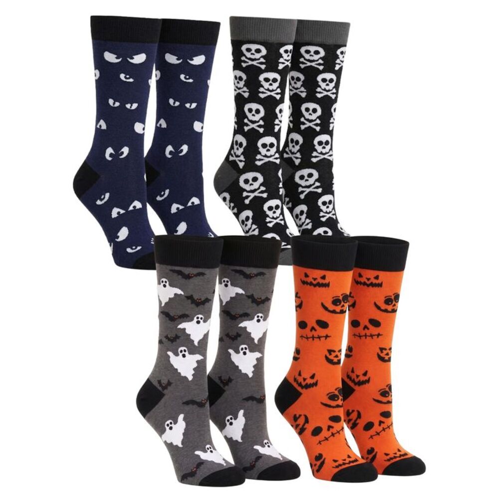 New Men's Halloween Socks Jack O' Lanterns Bats Spooky Eyes Skulls 4-Pair Set